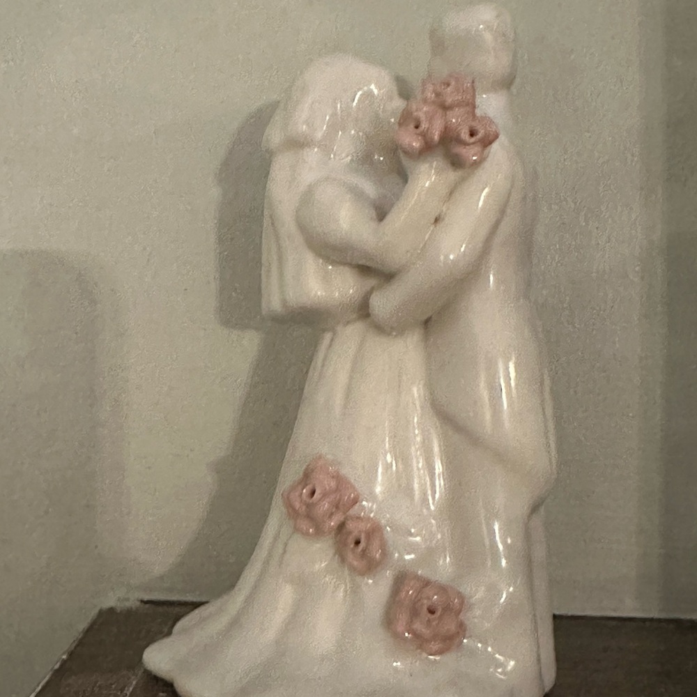 Elegant White and Pink Ceramic Wedding Couple Sculpture 5 inches tall
